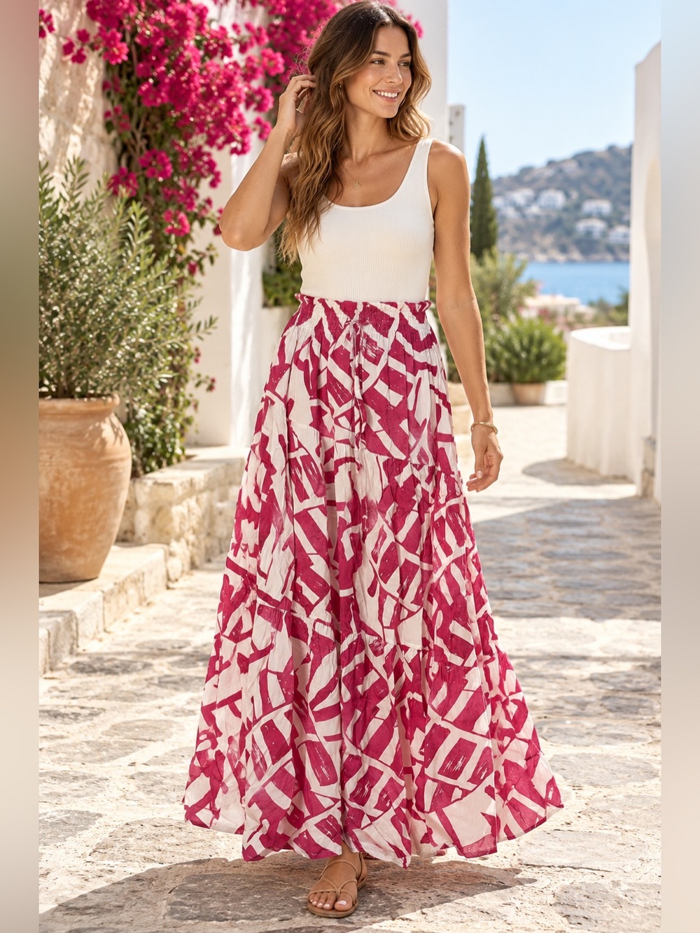 Sofia Iris Skirt Mussel Russia Print Pink White Tiered Maxi Made Italy OS